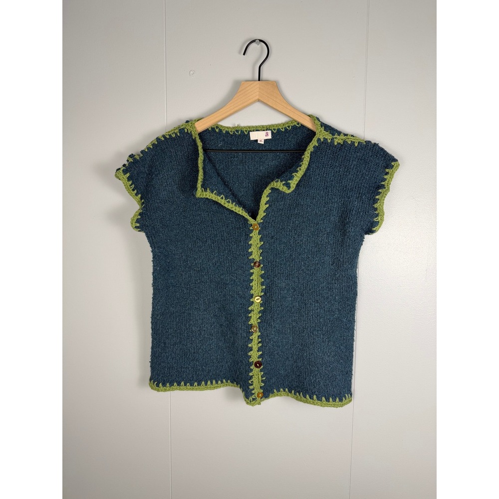 SO Knit Cardigan Sweater Women Medium Cottagecore Indie Green Crochet Trim Boho